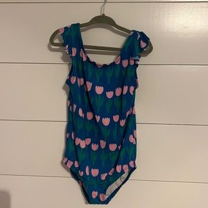 Girls blue bathing suit with pink tulips